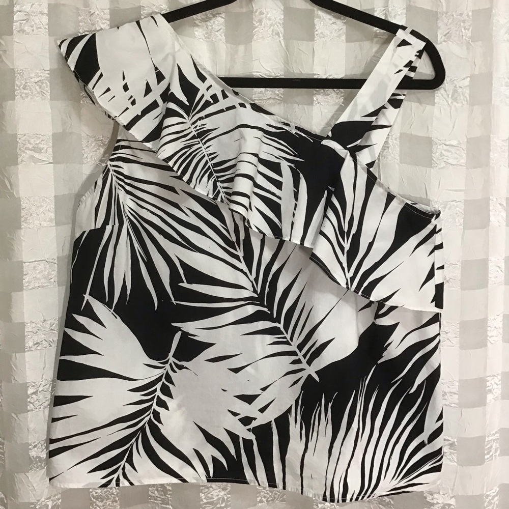 Who What Wear Tropical Palm Leaf Print Asymmetrical Ruffle Top, Size XL
